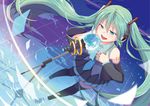  aira_(exp) bad_id bad_pixiv_id blue_eyes boots detached_sleeves floating_hair globe green_hair hand_on_own_chest hatsune_miku headphones highres long_hair microphone microphone_stand music necktie open_mouth singing skirt solo thigh_boots thighhighs twintails very_long_hair vocaloid wading water 