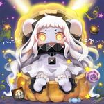  anklet barefoot candy chibi dress feet food halloween horns jewelry kantai_collection lollipop long_hair looking_at_viewer mittens northern_ocean_hime pecorin pumpkin shinkaisei-kan sitting soles toes translated white_dress white_hair white_skin yellow_eyes 