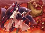  :d animal_ears bad_id bad_pixiv_id black_hair facial_mark fox_ears fox_tail hair_ornament holding japanese_clothes long_hair monster multiple_tails nakasaki_hydra open_mouth pixiv_fantasia pixiv_fantasia_sword_regalia red_eyes smile sword tail weapon white_skin 