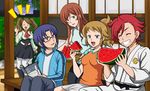  3girls blue_eyes blue_hair breasts brown_hair casual dougi food fruit glasses green_eyes gundam gundam_build_fighters gundam_build_fighters_try hoshino_fumina jacket jimauso kamiki_mirai kamiki_sekai karate_gi kousaka_yuuma long_hair medium_breasts multiple_boys multiple_girls pantyhose ponytail red_hair sazaki_kaoruko scrunchie sitting track_jacket twintails watermelon 