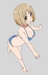  ass barefoot bikini blue_bikini blush breasts brown_eyes brown_hair chelle_ingham cleavage flower full_body grey_background hair_flower hair_ornament idolmaster idolmaster_cinderella_girls large_breasts looking_at_viewer mimura_kanako open_mouth short_hair simple_background solo swimsuit 