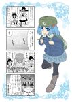  4koma backpack bag black_hair boots cold comic commentary hakurei_reimu highres ice kawashiro_nitori key kirisame_marisa long_hair morioka_itari multiple_girls open_mouth pantyhose pond shaking skirt surprised touhou translated trembling 