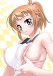  areolae bare_shoulders blue_eyes blush body_writing breasts brown_hair checkered checkered_background collarbone copyright_name covered_nipples gundam gundam_build_fighters gundam_build_fighters_try hoshino_fumina large_breasts lips looking_at_viewer quality sakura_ryuuken shirt_pull short_hair solo sports_bra 