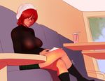  1girl angellove44 areolae boots breasts female hat human large_breasts looking_at_the_viewer looking_at_viewer nipple plaid plaid_skirt public red_hair red_head short_hair sitting skirt smoothie solo suggestive transparent_clothing turtleneck voyeur woman 