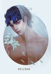  blue_eyes blue_hair flower french highres jojo_no_kimyou_na_bouken jonathan_joestar lily_(flower) male_focus misaki03011992 phantom_blood realistic solo veil 