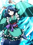  blue_eyes blue_hair head_fins hemogurobin_a1c japanese_clothes kimono long_sleeves mermaid monster_girl obi sash smile solo touhou underwater wakasagihime wide_sleeves 