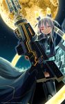  absurdres armor armored_boots boots cosmic_break dress gauntlets glowing glowing_eye grey_hair gun headgear highres looking_at_viewer moon morizo_cs night night_sky official_art red_eyes rifle rinka_lynx sky sniper sniper_rifle solo tattoo weapon 