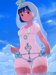  2equal8 bikini black_eyes blue_hair blush breasts censored cloud covered_nipples day dilation_belt dilation_insertion headdress heart heart-shaped_pupils highres looking_at_viewer micro_bikini mosaic_censoring navel one-piece_tan original pointless_censoring pussy pussy_juice see-through short_hair silver sky small_breasts smile solo spread_pussy sweat swimsuit symbol-shaped_pupils tan tanline urethra veil wading water 
