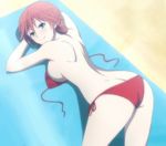  1girl asami_lilith ass back beach beach_towel bikini blue_eyes blush breasts large_breasts long_hair looking_at_viewer looking_back lying on_ground red_bikini sand screencap sideboob smile solo swimsuit thighs top-down_bottom-up trinity_seven 