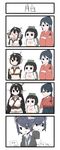  4koma backpack bag chibi comic crossed_arms diving_mask diving_mask_on_head elbow_gloves eyepatch gaiko_kujin gloves growth headgear highres houshou_(kantai_collection) japanese_clothes kantai_collection maru-yu-san maru-yu_(kantai_collection) multiple_girls nagato_(kantai_collection) partially_translated simple_background swimsuit tenryuu_(kantai_collection) translation_request younger 