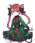  animal_ears braid cat_ears cat_tail kaenbyou_rin long_hair looking_at_viewer mochiko_(mocchikkoo) multicolored multicolored_eyes red_hair ribbon ribbon_trim skirt solo tail tail_ribbon touhou twin_braids very_long_hair white_background 