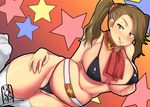  :q belly belt bikini black_bikini breast_lift breasts brown_eyes brown_hair cameltoe gundam gundam_build_fighters gundam_build_fighters_try large_breasts long_hair looking_at_viewer lying meicha naughty_face on_side plump raised_eyebrow sazaki_kaoruko solo swimsuit thick_thighs thighs tongue tongue_out 