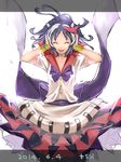  bangle black_hair bow bracelet commentary_request covering_ears dated directional_arrow dress highres horns jewelry kijin_seija multicolored_hair namauni red_eyes red_hair short_hair solo streaked_hair tears tongue tongue_out touhou white_hair 