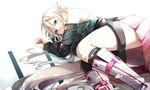  akami_fumio bad_id bad_pixiv_id blue_eyes boots ia_(vocaloid) long_hair lying off_shoulder on_side skirt solo thigh_strap very_long_hair vocaloid white_hair 