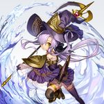  asymmetrical_legwear bad_id bad_pixiv_id bow detached_sleeves hair_bow hair_over_one_eye hair_ribbon hat holding long_hair looking_at_viewer nakasaki_hydra pixiv_fantasia pixiv_fantasia_fallen_kings ponytail purple_hair ribbon solo staff water wide_sleeves witch_hat yellow_eyes 