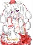 animal_ears bare_shoulders blush breasts hat highres inubashiri_momiji large_breasts lavender_eyes looking_at_viewer midriff mutou_(94753939) navel no_bra open_mouth pom_pom_(clothes) short_hair silver_hair simple_background solo tokin_hat touhou white_background wolf_ears 
