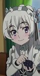  animated animated_gif chaika_trabant dress eating eyebrows food fruit hair_ribbon hitsugi_no_chaika long_hair purple_eyes ribbon white_dress white_hair 