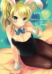  2014 animal_ears arm_support artist_name ayase_eli bare_shoulders blonde_hair blue_eyes bow bowtie breasts bunny_ears bunny_tail bunnysuit character_name cleavage dated detached_collar happy_birthday hikari_no large_breasts long_hair looking_at_viewer love_live! love_live!_school_idol_project pantyhose ponytail sitting smile solo tail wrist_cuffs yokozuwari 