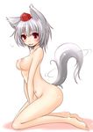  animal_ears bad_feet barefoot blush breasts full_body hat inubashiri_momiji kneeling large_breasts looking_at_viewer navel nipples nude open_mouth perky_breasts red_eyes short_hair silver_hair simple_background solo tail tail_wagging tokin_hat touhou v_arms white_background wolf_ears wolf_tail yamada_gyuugo 
