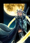  absurdres armor armored_boots boots cosmic_break dress full_moon gauntlets glowing glowing_eye grey_hair headgear highres looking_at_viewer moon morizo_cs night night_sky official_art red_eyes rinka_lynx sky solo tattoo weapon 