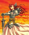  1girl armor belt breastplate erza_scarlet fairy_tail gauntlets hair_ornament long_hair long_skirt mashima_hiro official_art red_hair shoulder_pads skirt solo sunset sword tattoo weapon 