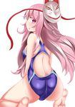  arlonn ass back barefoot competition_swimsuit fox_mask from_behind hata_no_kokoro long_hair looking_back mask one-piece_swimsuit pink_eyes pink_hair sitting solo swimsuit touhou very_long_hair wariza 