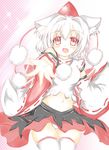  animal_ears bare_shoulders blush breasts fang groin hat highres inubashiri_momiji looking_at_viewer midriff mutou_(94753939) navel open_mouth panties pantyshot pom_pom_(clothes) red_eyes short_hair silver_hair solo thighhighs tokin_hat touhou underwear white_legwear wolf_ears 