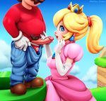  1girl blonde_hair blue_eyes crown dress earrings elbow_gloves facial_hair gloves head_out_of_frame height_difference hetero imminent_fellatio jewelry lips long_hair male_pubic_hair mario mario_(series) mustache neocoill nose pants_down penis pink_dress ponytail precum princess_peach pubic_hair super_mario_bros. uncensored underwear 