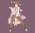  ahoge bad_id bad_pixiv_id bare_shoulders blush boots brown_hair detached_sleeves double_bun hairband headgear heart japanese_clothes kantai_collection kongou_(kantai_collection) long_hair nontraditional_miko open_mouth simple_background sitting skirt solo thigh_boots thighhighs ume_(plumblossom) 