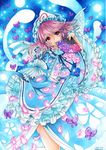  arm_strap blue_dress bug butterfly dress fan floral_print ghost hat hitodama insect long_sleeves mob_cap mosho petals pink_eyes pink_hair saigyouji_yuyuko smile solo touhou traditional_media triangular_headpiece veil watercolor_(medium) wide_sleeves 