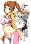  bike_shorts blue_eyes blush brown_hair gundam gundam_build_fighters gundam_build_fighters_try highres hoshino_fumina jacket midriff navel packge ponytail scrunchie smile solo sports_bra stomach winning_gundam 