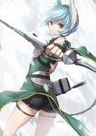  animal_ears arrow bad_id bad_pixiv_id blue_eyes blue_hair bow_(weapon) cat_ears highres legs looking_at_viewer quiver short_hair shorts signature sinon sinon_(sao-alo) sketch solo swd3e2 sword_art_online thigh_strap weapon 