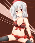  animal_ears black_legwear blush braid breasts chiya cleavage collarbone ears_down frown hat inubashiri_momiji large_breasts looking_at_viewer midriff navel panties red_eyes short_hair silver_hair solo tokin_hat touhou underwear underwear_only wolf_ears 