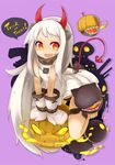  :d black_panties demon_horns demon_tail dress fake_horns halloween horns jack-o'-lantern kantai_collection looking_at_viewer mittens mou_tama_maru northern_ocean_hime open_mouth orange_eyes pale_skin panties pantyshot shinkaisei-kan silver_hair smile tail trick_or_treat underwear white_dress 