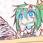  1girl bear_panties bear_print blue_eyes bow crazy crazy_eyes crazy_smile daiyousei dress eating green_hair hair_bow hair_ribbon kuresento mouth_hold object_on_head panties panties_in_mouth panties_on_head pervert print_panties ribbon short_hair side_ponytail sketch smile solo striped striped_panties touhou underwear white_panties wings 