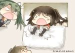  &gt;_&lt; anger_vein bad_id bad_pixiv_id blush_stickers brown_hair chibi closed_eyes commentary d: dx elbow_gloves futon gloves green_hair hinata_yuu jintsuu_(kantai_collection) kantai_collection kumano_(kantai_collection) multiple_girls muneate naka_(kantai_collection) open_mouth sendai_(kantai_collection) twintails zuikaku_(kantai_collection) 