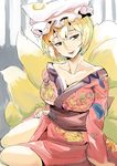  alternate_costume blonde_hair breasts cleavage clothes_lift collarbone come_hither floral_print fox_tail hat japanese_clothes kimono kimono_lift large_breasts obi pillow_hat sash sinzan sitting smile solo tail touhou yakumo_ran yellow_eyes 