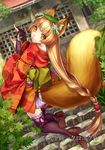  animal_ears bad_id bad_pixiv_id braid brown_hair fingerless_gloves flower fox_ears fox_shadow_puppet fox_tail gloves hair_flower hair_ornament japanese_clothes kimono leaf leaf_on_head lolita_fashion long_hair looking_at_viewer looking_back nakasaki_hydra official_art short_kimono smile solo tail tenka_touitsu_chronicle thighhighs twin_braids very_long_hair wa_lolita yellow_eyes zettai_ryouiki 