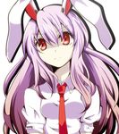  animal_ears aru16 breasts bunny_ears crescent lavender_hair long_hair looking_at_viewer red_eyes reisen_udongein_inaba shirt simple_background small_breasts solo touhou white_background white_shirt 