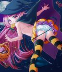  ass bad_id bad_pixiv_id bikini_top bloomers candy cape colored_stripes demon_tail fang food from_behind halloween hat highres jack-o'-lantern leaning_forward lollipop long_hair looking_back moon mouth_hold night night_sky original pink_eyes pink_hair pointy_ears pumpkin satie skirt sky solo star_(sky) striped striped_legwear tail thighhighs trick_or_treat underwear underwear_only upskirt very_long_hair white_bloomers witch_hat 