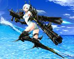  ass bad_id bad_pixiv_id breasts day long_hair looking_at_viewer looking_back mecha_musume one-piece_swimsuit open_mouth original red_eyes school_swimsuit small_breasts solo solru swimsuit water weapon white_school_swimsuit white_swimsuit 