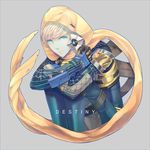  armor blonde_hair blue_eyes blue_skin cloak copyright_name destiny_(game) ghost_(destiny) gloves hunter_(destiny) leg_hug on_shoulder outline ritsu_(0015-xxxlxxxr) short_hair simple_background sitting 