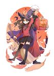  1girl archer bad_id bad_pixiv_id broom brown_hair cape dark_skin fate/stay_night fate_(series) halloween hat itumu pumpkin thighhighs toosaka_rin two_side_up white_hair witch_hat 