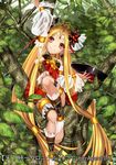  bad_id bad_pixiv_id barefoot blonde_hair company_name copyright_name forehead_jewel long_hair looking_at_viewer low-tied_long_hair nakasaki_hydra official_art pointy_ears red_eyes sitting smile solo tenka_touitsu_chronicle tree very_long_hair 