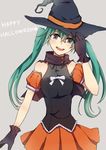  gloves green_eyes green_hair halloween hat hatsune_miku head_tilt long_hair open_mouth ringomaru simple_background skirt solo twintails vocaloid witch_hat 