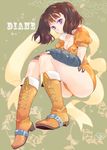  :o ass bangs blush boots breasts brown_hair character_name cleavage collarbone cross-laced_footwear diane_(nanatsu_no_taizai) elbow_gloves emblem fingerless_gloves floral_background flower from_side full_body gloves hands_on_own_knees head_tilt high_heel_boots high_heels knee_boots knees_up legs_together leotard looking_at_viewer medium_breasts nanatsu_no_taizai orange_footwear orange_leotard parted_lips puffy_short_sleeves puffy_sleeves purple_eyes ribbon shitora_(citora) short_hair short_sleeves short_twintails sitting solo tattoo twintails 