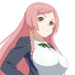  braid breasts chelle_ingham highres large_breasts long_hair no-rin pink_hair school_uniform simple_background smile solo white_background yellow_eyes yoshida_kochou 