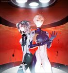  androgynous aqua_hair ayanami_rei ayanami_rei_(cosplay) bishoujo_senshi_sailor_moon bodysuit cosplay highres kaiou_michiru multiple_girls neon_genesis_evangelion plugsuit profile serious shamko short_hair souryuu_asuka_langley souryuu_asuka_langley_(cosplay) ten'ou_haruka very_short_hair white_bodysuit 