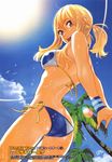  arms_behind_back ass bikini bird blonde_hair blue_sky brown_eyes day fairy_tail highres kozaki_yuusuke looking_at_viewer lucy_heartfilia official_art palm_tree scan sky smile solo sun swimsuit tree twintails wardrobe_malfunction 