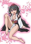  :d barefoot bird_wings blush breasts cleavage collarbone commentary_request hat kourindou_tengu_costume large_breasts legs looking_at_viewer no_bra no_panties obi odochi_(1or8) open_mouth outline purple_eyes sash shameimaru_aya smile solo tokin_hat touhou wings 